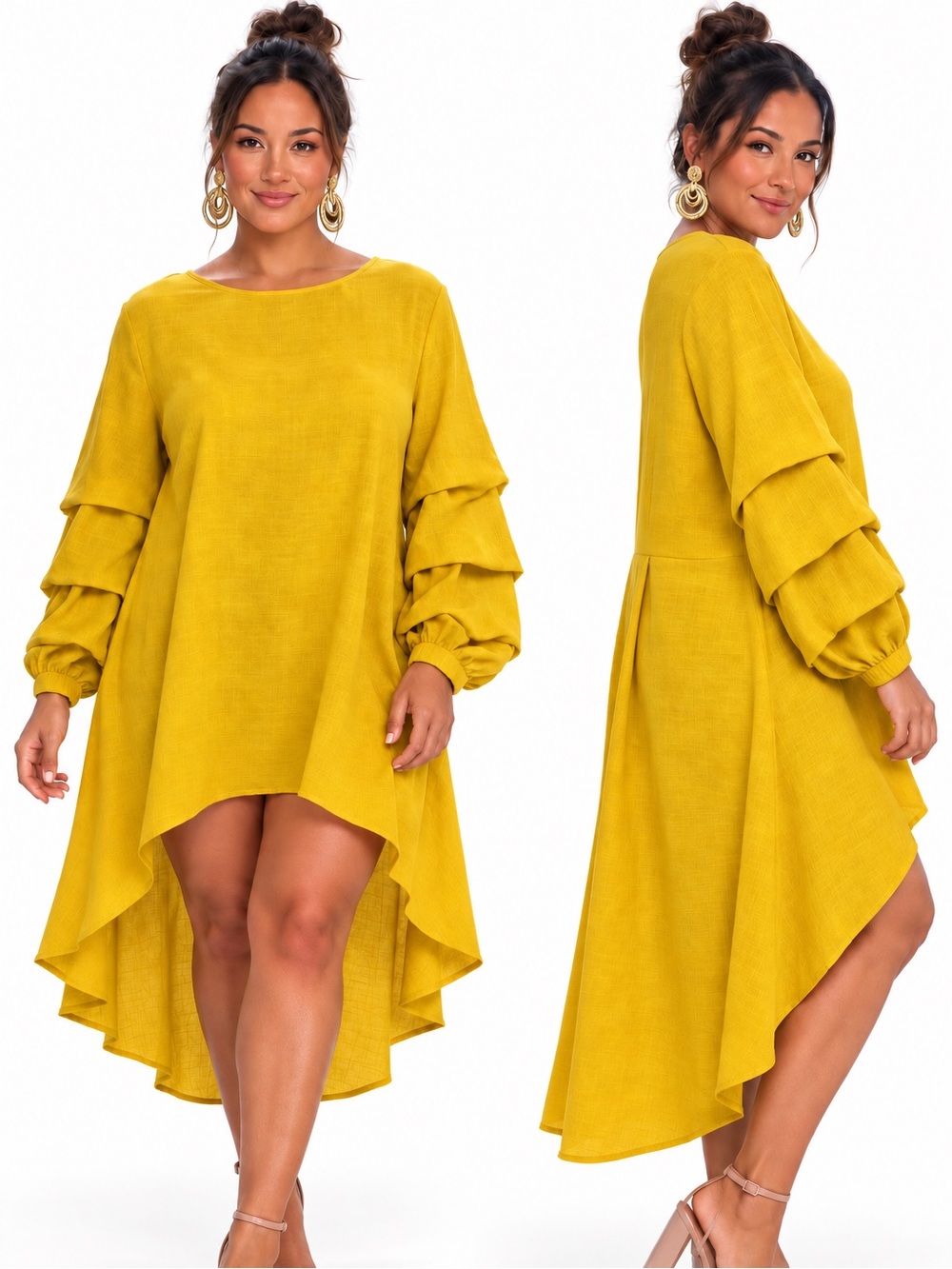 Patrizia Luca Milano Ruffled High-Low Tunic Top- Vibrant Mustard Yellow